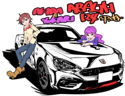  2girls brown_eyes brown_hair car fiat fiat_124_spider katana_(life_is_beautiful) kenjou_akira kirakira_precure_a_la_mode kotozume_yukari leaning_on_object long_hair motor_vehicle multiple_girls precure purple_eyes purple_hair short_hair sports_car thick_outlines vehicle_focus 