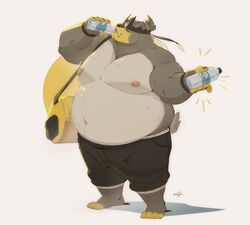  2023 anthro belly big_belly bottomwear closed_eyes clothing drinking generation_8_pokemon hi_res legendary_pokemon male moobs nintendo nipples obese obese_anthro obese_male overweight overweight_anthro overweight_male pokemon pokemon_(species) riisago shorts simple_background solo urshifu 