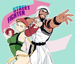  1boy agal beard blonde_hair blue_background blue_eyes braid breasts cammy_white copyright_name cowboy_shot dark-skinned_male dark_skin facial_hair female fighting_stance gauntlets green_leotard hat keffiyeh leotard long_beard long_hair looking_ahead looking_at_viewer perky_breasts rashid_(street_fighter) red_hat robe scouter street_fighter street_fighter_v thobe twin_braids white_robe yuiofire 