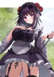  apron black_dress black_headwear black_necktie black_thighhighs blunt_bangs blush bob_cut body_writing bonnet breasts chain_leash chains cleavage collarbone cosplay cowboy_shot detached_collar dress female flower frilled_apron frilled_dress frills furrowed_brow garter_belt gothic_lolita hand_on_own_chest hands_up highres kuroe_shizuku kuroe_shizuku_(cosplay) large_breasts leash leo_(f_mmmnkm_paint) lolita_fashion long_sleeves necktie parted_lips purple_eyes purple_hair purple_nails red_flower red_rose rose short_hair solo sono_bisque_doll_wa_koi_wo_suru sweat tally tattoo thighhighs 