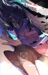  1boy bean_mr12 black_pants blank_eyes cowboy_shot feet_out_of_frame fengxi_(the_legend_of_luoxiaohei) highres long_hair long_sleeves luo_xiaohei_zhanji male_focus pants pointy_ears purple_hair signature solo 