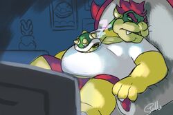  2020 3:2 anthro belly bottomwear bowser bowser_jr. closed_eyes clothing cute_fangs duo hi_res humanoid_hands koopa male mario_bros nintendo overweight overweight_male scalie shirt shorts sitting sleep_fetish sleeping stellanova topwear 