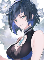  bad_id bad_twitter_id black_hair blue_flower blue_hair bob_cut breasts choker diagonal_bangs dice english_commentary female flower genshin_impact gradient_hair green_eyes highres looking_at_viewer makeup medium_breasts multicolored_hair parted_lips short_hair simple_background sleeveless solo tassel tassel_choker ueauwa upper_body white_background yelan_(genshin_impact) 