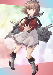  adapted_turret brown_eyes brown_hair brown_neckerchief brown_sailor_collar cannon commentary_request dress female fuji_(pixiv24804665) grey_neckerchief headgear highres kantai_collection kneehighs legs_apart machinery neckerchief open_mouth red_shirt round_teeth rudder_footwear sailor_collar sailor_shirt shirt short_hair socks solo standing tan_yang_(kancolle) teeth turret upper_teeth_only white_dress yukikaze_(kancolle) 