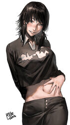  absurdres belly black_hair black_pants black_shirt breasts chainsaw_man commentary_request crop_top cropped_shirt female grin highres looking_at_viewer medium_hair midriff mifune_fumiko navel open_mouth pants peperon_(peperou) shirt signature simple_background smile solo spread_navel squishing twintails upper_body white_background 