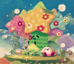  bandana bandana_waddle_dee blue_bandana blue_sky blush_stickers bug butterfly cameo cloud dandelion_seed dreamstalk flower flowery_woods grass hataraku_ufo highres jobski kirby kirby:_triple_deluxe kirby_(series) no_humans open_mouth rayman_limbs sky sleeping smile suyasuyabi taranza toughness_waddle_dee ufo_(kirby) waddle_dee 