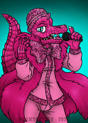  5_fingers anthro blue_eyes bottomwear bow_tie claws clothing crocodile crocodile_(masked_singer) crocodilian crocodylid electronics fingers fur_coat glitter half-closed_eyes hat headgear headwear hi_res looking_at_viewer male masked_singer microphone narrowed_eyes open_mouth open_smile pants pink_body pink_bottomwear pink_clothing pink_hat pink_headwear pink_pants pink_scales pink_shirt pink_topwear polkscastle reptile scales scalie shirt smile smiling_at_viewer solo sparkles suit topwear 