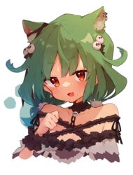  animal_ear_fluff animal_ears blush cat_ears earrings extra_ears female ghost_earrings green_hair hair_ornament hololive jewelry low_twintails oerba_yun_fang official_alternate_costume open_mouth red_eyes rimukoro short_hair short_twintails simple_background skin_fang skull_hair_ornament solo twintails upper_body uruha_rushia uruha_rushia_(3rd_costume) virtual_youtuber white_background 