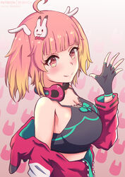  absurdres ahoge armpit_peek artist_name bebatch black_gloves blonde_hair blunt_bangs blush bow breasts cleavage crop_top english_commentary female fingerless_gloves from_side gloves gradient_hair hair_ornament hairbow headphones headphones_around_neck highres hood hoodie indie_virtual_youtuber large_breasts looking_at_viewer looking_to_the_side multicolored_hair open_hand pink_eyes pink_hair rabbit_hair_ornament red_bow red_hoodie solo twintails virtual_youtuber yuikai_(vtuber) 