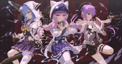  3girls :o absurdres apex_legends b3_wingman bare_arms baseball_cap black_headwear black_skirt blue_hair blue_sailor_collar blush bow bowtie braid cardigan choker cosplay dagger ear_piercing earrings frilled_sailor_collar frills from_side gibraltar_(apex_legends) gibraltar_(apex_legends)_(cosplay) green_eyes grey_cardigan gun hairbow handgun hat heart heart_earrings high-waist_skirt highres holding holding_dagger holding_gun holding_knife holding_weapon hololive hood hood_up hooded_jacket hope&#039;s_dusk_(apex_legends) hoshimachi_suisei hoshimachi_suisei_(school_uniform) jacket jewelry jirai_kei knife leg_tattoo light_particles long_hair long_sleeves looking_to_the_side mechanical_wings minato_aqua minato_aqua_(sailor) missile missile_pod multicolored_hair multiple_girls official_alternate_costume open_cardigan open_clothes open_jacket pantyhose parted_lips piercing pink_hair pleated_skirt purple_eyes purple_hair purple_headwear purple_sailor_collar purple_shirt purple_skirt ribbon_choker sailor_collar shield shirt sidelocks skirt standing standing_on_one_leg star_(symbol) star_in_eye startend_(hololive) symbol_in_eye tail tattoo thigh_strap tokoyami_towa tokoyami_towa_(jirai_kei) twin_braids twintails two-tone_hair valkyrie_(apex_legends) valkyrie_(apex_legends)_(cosplay) virtual_youtuber weapon white_jacket white_pantyhose wings yellow_bow yellow_bowtie yozora_(1wkdgusdn) 