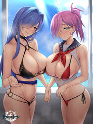  2girls alternate_costume armpit_crease asymmetrical_docking azur_lane bare_shoulders bikini black_bikini black_sailor_collar blue_hair blue_sailor_collar blue_sky blush breast_cutout breast_press breasts cleavage clothing_cutout cloud collarbone commentary_request cross-laced_bikini cross-laced_clothes cross-laced_top day green_eyes groin hair_over_one_eye highres holding_hands indoors karakari large_breasts licking_lips long_hair looking_at_viewer micro_bikini multiple_girls naughty_face navel neckerchief o-ring o-ring_bikini ocean official_alternate_costume pink_hair ponytail red_bikini red_eyes red_neckerchief sailor_collar side-tie_bikini_bottom sideboob skindentation sky smile steaming_body sweat swimsuit thighs tongue tongue_out trento_(azur_lane) trento_(summer&#039;s_hotness?)_(azur_lane) trieste_(azur_lane) window 