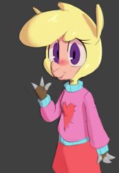  alpaca anthro blush bottomwear camelid clothing cloven_hooves female heart_symbol hi_res hitsuji hooves looking_at_viewer mammal paprika_paca_(tfh) purple_eyes simple_background skirt solo sweater them&#039;s_fightin&#039;_herds topwear young 