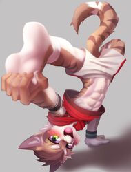  5_toes abs absurd_res anthro athletic athletic_anthro athletic_male barefoot better_version_at_source countershade_feet countershading feet felid feline foot_focus foot_grab handstand hi_res kemono leopard_cat male mammal manadezimon martial_arts muscular nekojishi plantigrade prionailurus shu-chi soles solo studio_klondike toes upside-down young young_anthro 