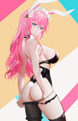  animal_ears ass asymmetrical_legwear bare_shoulders black_leotard blue_eyes blush breasts fake_animal_ears female frills from_behind hair_ornament highres indie_virtual_youtuber leotard long_hair looking_at_viewer mismatched_legwear omone_hokoma_agm pink_hair rabbit_ears rabbit_tail sakurada_hane solo strapless strapless_leotard tail virtual_youtuber 