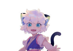  1boy animal_ears aqua_eyes bean_mr12 cat_boy cat_ears cat_tail luo_xiaohei luo_xiaohei_(human) luo_xiaohei_zhanji male_focus open_mouth short_sleeves simple_background smile solo tail weibo_watermark white_background 