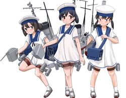  3girls black_hair blue_eyes bob_cut brown_eyes daitou_(kancolle) dress full_body hat hiburi_(kancolle) high_ponytail kantai_collection low_ponytail multiple_girls purple_eyes sailor_collar sailor_dress sailor_hat senon shoes short_hair short_sleeves shounan_(kancolle) sidelocks simple_background socks twintails uwabaki white_background white_dress white_headwear white_legwear 