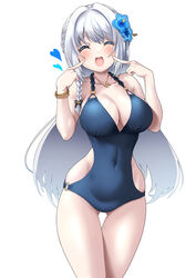  ass_visible_through_thighs black_ribbon blue_flower blue_one-piece_swimsuit blunt_bangs bracelet braid breasts casual_one-piece_swimsuit cheek_poking closed_eyes clothing_cutout collarbone commentary_request covered_navel dot_nose eyelashes eyes_visible_through_hair facing_viewer female flower flower_necklace french_braid furrowed_brow gold_bracelet gold_necklace grey_hair groin hair_flower hair_ornament hair_ribbon halterneck hands_up heart hibiscus highres huge_breasts index_finger_raised jewelry legs_together light_blush long_hair magia_record:_mahou_shoujo_madoka_magica_gaiden mahou_shoujo_madoka_magica narrow_waist necklace o-ring o-ring_swimsuit one-piece_swimsuit open_mouth poking ribbon ring satom shiny_skin side_cutout sidelocks simple_background smile solo swimsuit thick_thighs thigh_gap thighs white_background wide_hips yakumo_mitama yakumo_mitama_(swimsuit_costume) 