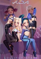  4girls aged_down ahoge ahri_(league_of_legends) akali alternate_hairstyle animal_ears asymmetrical_clothes baseball_cap bed black_choker blue_eyes blue_eyeshadow boots breasts candy choker commentary cropped_jacket crystal_tail dress english_commentary evelynn_(league_of_legends) eyeshadow facial_mark flat_chest food forehead fox_ears fox_girl fox_tail garter_straps green_hair hat head_tilt high-waist_pants high_heel_boots high_heels high_ponytail huge_ahoge idol k/da_(league_of_legends) k/da_ahri k/da_akali k/da_all_out_evelynn k/da_all_out_kai&#039;sa kai&#039;sa league_of_legends licking_lips lips lollipop long_hair looking_at_viewer makeup marmalade_mum midriff mignonnes_(film) multiple_girls navel o-ring o-ring_top official_alternate_costume on_bed pants plaid pun purple_eyes short_dress single_pantsleg slit_pupils small_breasts sports_bra stomach tail thigh_boots thighhighs tongue tongue_out twintails whisker_markings white_hair zettai_ryouiki 