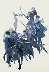  5boys alternate_hair_color areadbhar_(fire_emblem) armor armored_boots arrow_(projectile) ashe_ubert back belt black_cape black_footwear black_gloves black_hair black_pants blonde_hair blue_cloak boots bow_(weapon) breastplate brown_gloves byleth_(fire_emblem) byleth_(male)_(fire_emblem) cape cloak closed_eyes closed_mouth commentary dimitri_alexandre_blaiddyd english_text enlightened_byleth_(male) eyepatch felix_hugo_fraldarius fire_emblem fire_emblem:_three_houses full_body fur-trimmed_cape fur_trim gauntlets gloves green_eyes green_hair grey_background grey_eyes grey_hair hair_between_eyes highres holding holding_weapon lance_of_ruin leather leather_gloves looking_at_viewer medium_hair multiple_boys orange_hair p-nekor pants parted_bangs polearm ponytail quiver short_hair shoulder_armor simple_background spear sword sword_of_the_creator sylvain_jose_gautier vambraces waistcoat walking weapon 