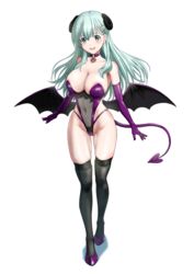  alternate_costume aqua_eyes aqua_hair black_thighhighs breasts covered_navel demon_girl demon_horns demon_tail demon_wings elbow_gloves female full_body gloves hair_ornament hairclip highres horns kantai_collection large_breasts leotard long_hair mikan_29344886 purple_gloves simple_background solo suzuya_(kancolle) tail thighhighs white_background wings 