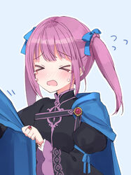  &gt;_&lt; black_dress blue_background blue_bow blue_cape blush bow braid cape closed_eyes commentary_request crying dress female flying_sweatdrops hairbow hannelore_(honzuki_no_gekokujou) honzuki_no_gekokujou jewelry juliet_sleeves long_sleeves nose_blush open_mouth outline pink_hair puffy_sleeves rimo ring side_cape sleeves_past_wrists solo tears twintails upper_body wavy_mouth white_outline wide_sleeves 