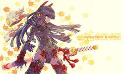  autumn_leaves black_bodysuit black_hair black_leotard black_thighhighs blunt_bangs bodysuit breasts commentary cowboy_shot fake_horns female from_side holding holding_sword holding_weapon horns katana leg_ribbon leotard long_hair mechanical_horns nakayama_tooru original purple_eyes red_ribbon ribbon skull small_breasts solo sword thigh_ribbon thighhighs weapon wind wrist_ribbon 