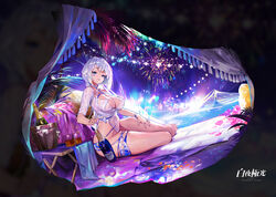  absurdres aerial_fireworks agoto alchemy_stars azure_(alchemy_stars) azure_(warm_night_air)_(alchemy_stars) barefoot blue_eyes bottle bracelet breasts cleavage cup dutch_angle female fireworks full_body highres jewelry large_breasts long_hair looking_at_viewer night official_art one-piece_swimsuit outdoors palm_tree parted_lips shirt short_sleeves sitting solo swimsuit swimsuit_under_clothes tied_shirt tree white_hair white_one-piece_swimsuit white_shirt 