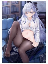  absurdres age_fx argus_(a_hundred_sleepless_eye)_(azur_lane) argus_(azur_lane) azur_lane bag black_skirt blue_eyes blush breasts button_gap closed_mouth collared_shirt female grey_hair highres indoors large_breasts long_hair long_sleeves looking_at_viewer navel official_alternate_costume pantyhose partially_unbuttoned school_bag shirt skirt solo thighs toe_seam uniform white_shirt 