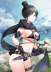  absurdres animification apex_legends bare_shoulders belt bikini black_bikini black_hair black_scarf blue_eyes blush breasts brown_belt female gloves grey_gloves hair_bun highres holding holding_weapon hope&#039;s_dusk_(apex_legends) outdoors scarf swimsuit thigh_strap thighs weapon wraith_(apex_legends) yukineko1018 