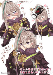  1other armor breastplate breasts closed_eyes command_spell commentary_request disembodied_hand fate/grand_order fate_(series) female gauntlets gradient_hair green_hair grey_eyes grey_hair hair_between_eyes hair_ornament hairpin headpat high_collar huyan_zhuo_(fate) huyan_zhuo_(second_ascension)_(fate) large_breasts long_hair looking_at_viewer multicolored_hair multiple_views open_mouth pauldrons shoulder_armor smile tearing_up translation_request tsuyuki_yuki very_long_hair 