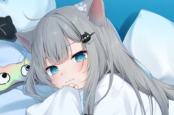  :3 amashiro_natsuki animal_ears aqua_eyes bad_id bad_twitter_id blush cat_ears cat_girl closed_mouth eyebrows_hidden_by_hair eyes_visible_through_hair female fingernails grey_hair hair_ornament hairclip head_on_pillow indie_virtual_youtuber long_hair looking_at_viewer nachoneko paw_print pillow shirt sleep_mask sleepwear smile virtual_youtuber white_shirt 