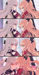  241_science 2girls adjusting_another&#039;s_clothes adjusting_scarf bang_dream! blonde_hair blurry blush bow brown_coat coat crossed_bangs depth_of_field earrings emphasis_lines full-face_blush green_eyes grey_hair hair_between_eyes hairbow half_updo heart highres imai_lisa jewelry kissing kissing_cheek korean_commentary long_hair minato_yukina multiple_girls plaid plaid_sweater red_eyes red_scarf scarf sweater yuri 