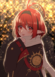  antenna_hair backlighting black_hairband blush dungeon_and_fighter ear_piercing female female_mage_(dungeon_and_fighter) hair_between_eyes hairband highres jacket key long_sleeves looking_at_viewer mage_(dungeon_and_fighter) open_mouth piercing pointy_ears puffy_long_sleeves puffy_sleeves red_eyes red_hair scarf sleeves_past_wrists smile solo sparkle_background sparks summoner_(dungeon_and_fighter) upper_body usamero 