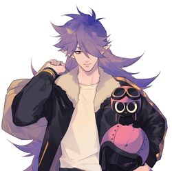  1boy animal arm_up bag bean_mr12 black_cat black_coat clothed_animal coat feline fengxi_(the_legend_of_luoxiaohei) hair_over_one_eye helmet highres holding holding_bag holding_helmet long_hair looking_at_viewer luo_xiaohei luo_xiaohei_(cat) luo_xiaohei_zhanji male_focus pointy_ears purple_hair shadow shirt simple_background smile upper_body very_long_hair white_background white_shirt 