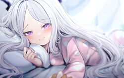  blue_archive blurry blurry_background blush closed_mouth demon_horns female highres hina_(blue_archive) hina_(pajamas)_(blue_archive) holding_hands horns interlocked_fingers long_hair long_sleeves looking_at_viewer lying official_alternate_costume on_bed on_stomach out_of_frame pajamas parted_bangs pillow pink_pajamas pov pov_across_bed pov_hands purple_eyes purple_horns smile solo_focus somray white_hair 