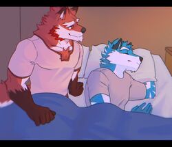  anthro argo_northrop bed black_bars blue_body blue_fur canid canine clothed clothing diederich_olsen duo fur furniture kemmuono knights_college letterbox male male/male mammal romantic sleeping smile student teacher teacher_and_student 