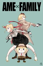  absurdres black_dress blonde_hair blue_background blue_eyes bob_cut breasts brown_coat brown_footwear chibi closed_mouth coat commentary deerstalker dress earrings female frown gold_footwear gun hair_bun hat highres holding holding_gun holding_knife holding_syringe holding_weapon hololive hololive_english jewelry knife large_breasts legs_apart long_sleeves looking_at_viewer looking_back multiple_views necktie official_alternate_costume official_alternate_hairstyle outstretched_arm parody radical_highway red_necktie short_hair signature single_hair_bun smile smol_ame spy_x_family syringe tiara v-shaped_eyebrows virtual_youtuber watson_amelia watson_amelia_(1st_costume) watson_amelia_(party_dress) weapon yellow_footwear 