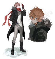  1boy bad_id bad_twitter_id black_coat black_footwear black_gloves blue_eyes boots breath closed_mouth coat earrings fur-trimmed_coat fur_trim genshin_impact gloves hair_between_eyes hand_in_pocket highres holding holding_mask jacket jewelry male_focus mask open_clothes open_coat pants parted_lips red_scarf scarf simple_background single_earring standing tartaglia_(genshin_impact) twitter_username ueauwa vision_(genshin_impact) 