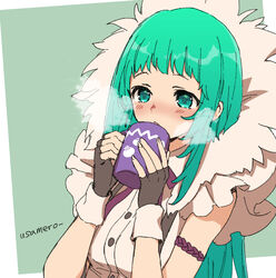  black_gloves blowing blush cup dungeon_and_fighter female fingerless_gloves gloves green_eyes green_hair holding holding_cup hot_drink long_hair michelle_(dungeon_and_fighter) ribbon signature sleeveless solo steam upper_body usamero 