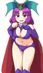  bikini breasts cape cleavage elbow_gloves female gloves highres long_hair looking_at_viewer maruput monster_girl navel open_mouth purple_bikini purple_eyes purple_gloves purple_hair purple_thighhighs red_cape saga saga_frontier simple_background smile solo swimsuit thighhighs white_background 