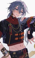  1boy atoz_(ensemble_stars!) bad_id bad_twitter_id belt black_gloves black_jacket black_pants blue_eyes bracelet crop_top earrings ensemble_stars! gloves grey_hair highres jacket jewelry long_hair long_sleeves low_ponytail male_focus pants pinenut_sn red_shirt shiina_niki shirt short_sleeves smile solo teeth white_background 