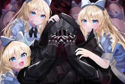  1boy 3girls :d absurdres alice_(black_souls) armor black_souls blonde_hair blood blood_on_face blue_bow blue_dress blue_eyes bow breastplate cloak closed_mouth dress frilled_dress frills gauntlets grimm_(black_souls) hair_between_eyes hairbow hands_on_own_face helm helmet highres hood hood_up hooded_cloak long_hair multiple_girls oerba_yun_fang pauldrons pinafore_dress short_sleeves shoulder_armor sleeveless sleeveless_dress smile spoilers upper_body wellski 