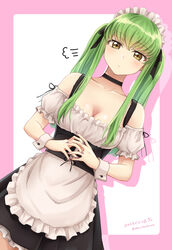  alternate_costume black_choker blush breasts c.c. choker cleavage code_geass collarbone dated dress dutch_angle enmaided female fingernails frilled_dress frills green_hair highres looking_at_viewer maid medium_breasts nail_polish off-shoulder_dress off_shoulder own_hands_together puff_of_air setu_kurokawa sidelocks simple_background solo twintails twitter_username wrist_cuffs 