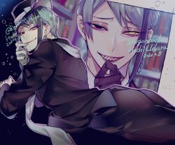  1boy black_hair collared_shirt earrings gloves green_hair heterochromia jacket jade_leech jewelry long_sleeves looking_at_viewer male_focus multicolored_hair narrow_waist sharp_teeth shirt smile solo streaked_hair teeth twisted_wonderland uehara_(higanbachi) white_shirt yellow_eyes 