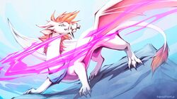  16:9 2022 aetherwake_(aetherwake) ambiguous_gender blue_eyes claws digital_media_(artwork) dragon feral hi_res horn membrane_(anatomy) membranous_wings mythological_creature mythological_scalie mythology neotheta orange_eyes scalie solo standing tail widescreen wings 