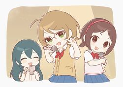  ahoge bad_id bad_twitter_id blue_hair blush blush_stickers bonn brown_hair cellphone glasses idolmaster idolmaster_cinderella_girls microphone muramatsu_sakura new_wave_(idolmaster) ohishi_izumi phone school_uniform smartphone tsuchiya_ako 