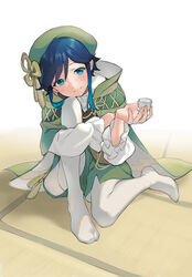  1boy aqua_eyes aqua_hair black_hair blush cape closed_mouth cup full_body genshin_impact gradient_hair green_cape green_hat green_shorts hat head_tilt holding holding_cup indoors korean_commentary long_sleeves looking_at_viewer male_focus multicolored_hair no_shoes otoko_no_ko pagye pantyhose shorts simple_background sitting solo suikou_(genshin_impact) tatami venti_(genshin_impact) white_pantyhose 