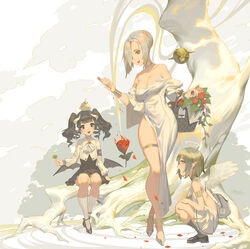  3girls :d angel angel_wings backless_dress backless_outfit backpack bag bare_shoulders black_dress black_eyes black_footwear black_legwear blonde_hair blunt_bangs breasts clover cropped_jacket demon_girl demon_horns demon_wings dress drill_hair feathered_wings flower four-leaf_clover gown grey_eyes hair_bun hair_over_one_eye halo handbag highres horns itoucon jacket jewelry kneehighs large_breasts loafers lolicon long_hair long_sleeves looking_at_another multiple_girls necklace off-shoulder_dress off_shoulder open_mouth original pleated_dress pointy_ears red_flower red_rose rose shoes short_hair side_slit single_hair_bun sitting smile socks squatting standing test_tube thighlet tree twin_drills twintails white_dress white_footwear white_hair white_jacket white_legwear white_wings wings 