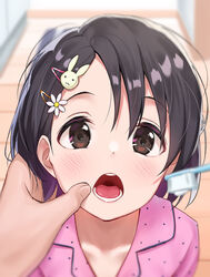  absurdres blurry blurry_background blush brown_hair brushing_another&#039;s_teeth brushing_teeth commentary female flower from_above hair_between_eyes hair_flower hair_ornament hairclip hand_on_another&#039;s_face highres holding holding_toothbrush idolmaster idolmaster_cinderella_girls looking_at_viewer looking_up loose_hair_strand open_mouth pajamas parted_bangs pink_pajamas portrait pov pov_hands rabbit_hair_ornament raised_eyebrows sasaki_chie short_hair solo_focus teeth tongue toothbrush toothpaste tsunenorip 