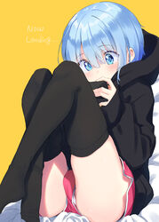  1boy absurdres black_hoodie blue_eyes blue_hair blush crossed_legs highres holding holding_phone hood hoodie original otoko_no_ko panties pantyshot phone playing_games short_hair short_shorts shorts sitting solo thighhighs thighs underwear uro_(urotanc) yellow_background 